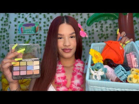 ASMR Te arreglo para fiesta en la piscina (maquillaje, peinado, accesorios)