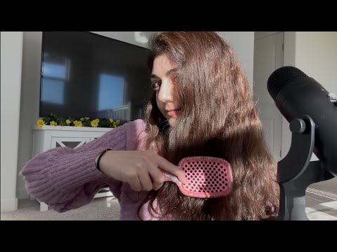 ASMR whispering & hair play [brushing, mic brushing, brushing hair over face, hair straightener] :)