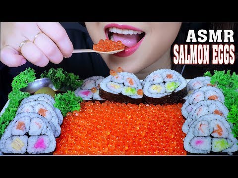 ASMR RAW SALMON EGGS AND SUSHI ROLL , SOFT POPPING EATING SOUND | LINH-ASMR 먹방