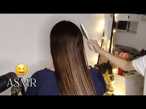 ASMR APLICADO - Escovando o meu cabelo com a minha priminha Eloá (Cabelo real) + sons de chuva ❤️😴