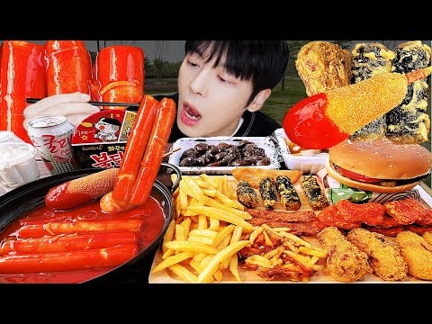 ASMR MUKBANG 직접 만든 불닭 떡볶이 핫도그 양념치킨 김밥 먹방 & 레시피 FRIED CHICKEN AND FIRE Tteokbokki EATING