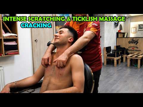 💈 HE LIKED BEING TICKLE 😏 CRACKS + ASMR head, face, ear, chest, belly, armpit, back & body massage