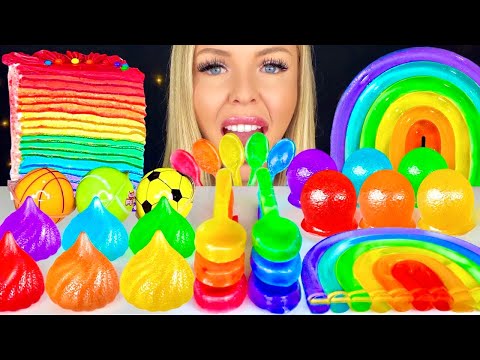 ASMR RAINBOW JELLY RAINDROPS, KOHAKUTOU SPOON, RAINBOW JELLO, CREPE CAKE, JELLY STRAWS MUKBANG 먹방 꿀벌