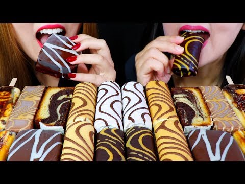 ASMR DARK CHOCOLATE ICE CREAM, ZEBRA CAKE, BOBA ICE CREAM, PEANUT BUTTER WAFERS 먹방 | Kim&Liz ASMR