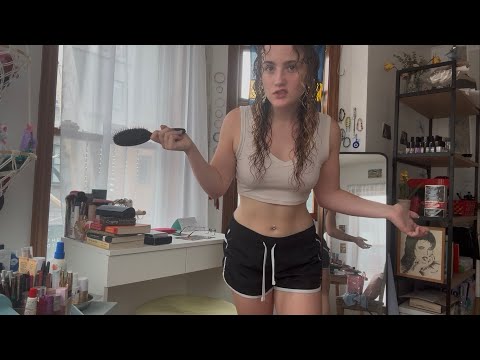 plz come hangout with me (lazy girl curly hair routine + hair brushing asmr) Bestie Roleplay