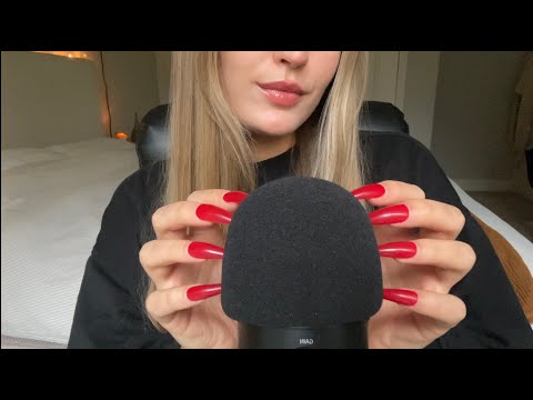 ASMR | Foam Mic Scratching with LONG RED NAILS + hair raking, kisses, and lip gloss application