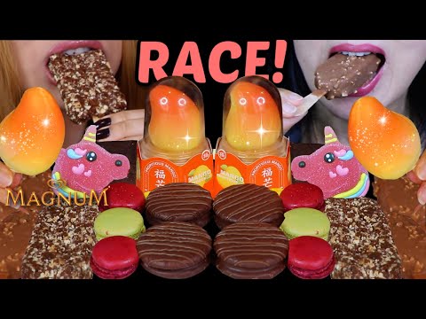 ASMR LEFTOVER DESSERT RACE! VIRAL MANGO ICE CREAM, UNICORN CANDY, MAGNUM, CHOCOLATE CAKE BARS