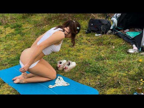 YOUNG GIRL SOLO CAMPING IN THE WILD FOREST🏕️ clothes don't needed - deep yoga in the forest twilight