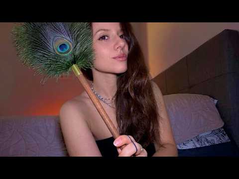 Giving Myself ASMR (feather, hair brushing, arm scratching, fabric)