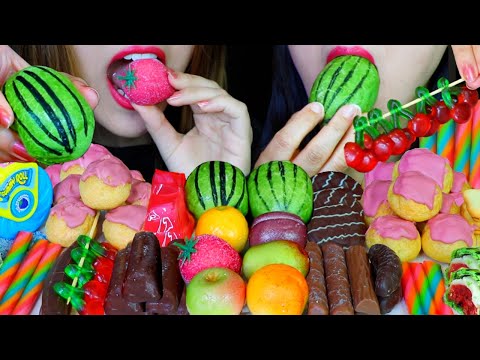 ASMR WATERMELON FRUIT CAKE, SOUR GUMMY, FRUIT MARZIPAN, STRAWBERRY JELLY, PINK CREAM PUFFS, CAKE 먹방