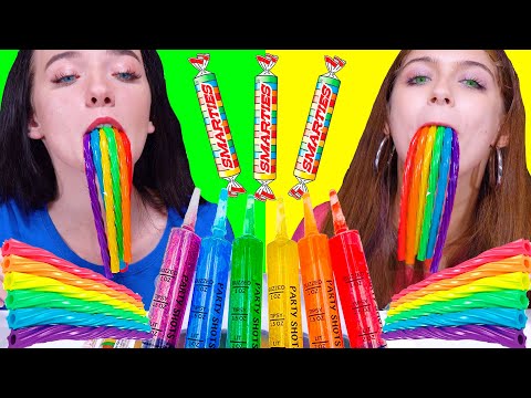 ASMR RAINBOW DESSERTS, JELLO SHOOTER RACE, GUMMY TWIZZLERS MUKBANG EATING SOUNDS