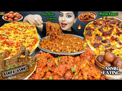 ASMR Eating Spicy Cheesy Chicken Tikka Pizza,Gulab Jamun,Noodles Street Food ASMR Eating Mukbang