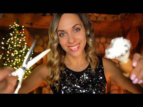 ASMR Whispered ROLEPLAY Sleep Inducing Haircut, Shave, Massage, Brushing, Fireplace sounds for SLEEP