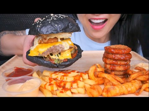 JUICY CHEESY BURGER + ONION RINGS FRIES (ASMR EATING SOUNDS) NO TALKING | SAS-ASMR