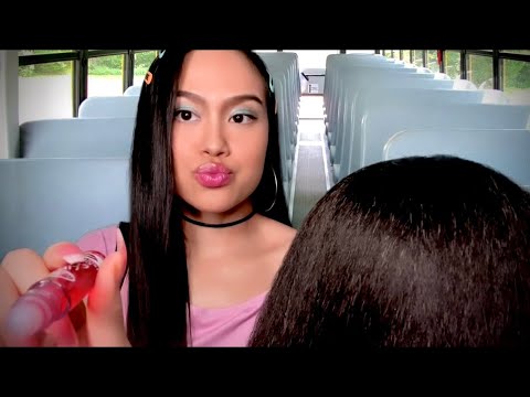 ASMR 90s Sassy BFF Doing Your Hair + Makeup on School Bus (personal attention, gum chewing ,layered)