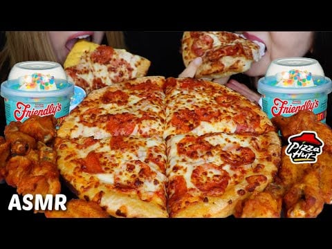 ASMR BIRTHDAY CAKE ICE CREAM SUNDAE, CHEESY PEPPERONI PIZZAS, HOT WINGS 먹방