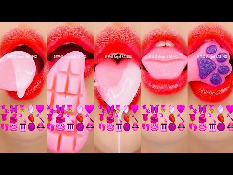 asmr PINK & GREEN EMOJI FOOD  KOHAKUTO 핑크색 & 초록색 코하쿠토 이모지 먹방 eating sounds