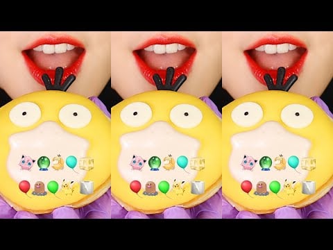 VERTICAL MUKBANG POKÉMON DONUTS EATING ASMR FROZEN WAX CANDY MUKBANG EMOJI FOOD ASMR 🦆