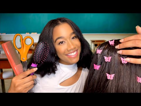 ASMR Girl Who’s Obsessed With You Plays With Your Hair In the back of the Class 🤩💆 ASMR Hair Play