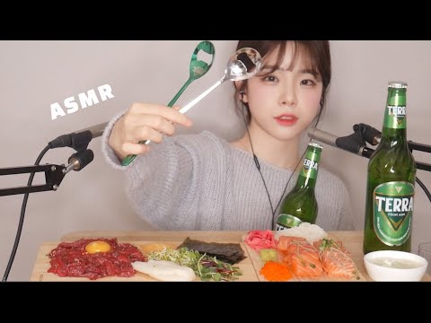 [혼술 ASMR] 육회, 연어와 시원한 맥주 두 병│테라│이팅사운드 먹방│리얼사운드│RAW BEEF & SALMON & BEER REAL SOUND│Whispering 수다