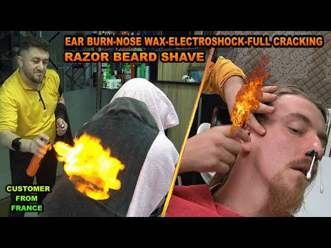 ASMR BARBER FIRE 💈 CRACKING 💈 RAZOR BEARD SHAVE 💈 NOSE WAX 💈head,ear,back,face,foot,leg,palm massage