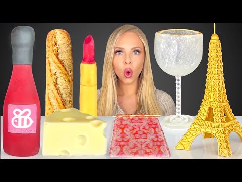 ASMR EDIBLE WINE BOTTLE, EIFFEL TOWER, CHEESE SLICE, WINE GLASS, JELLY, PARIS FOOD MUKBANG 먹방 꿀벌