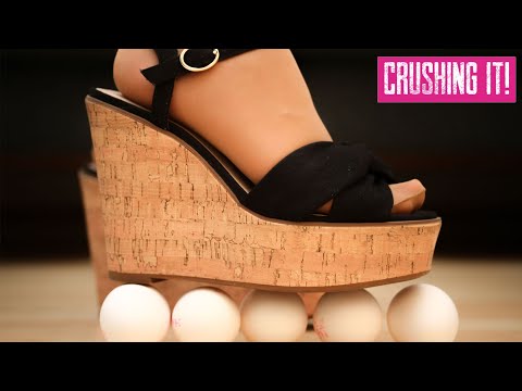 ASMR - Crushing eggs with black wedge heels