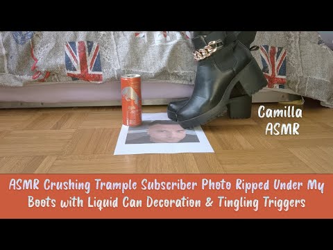 ASMR Crushing Trample Subscriber Photo Ripped Under My Boots with Liquid Can Decoration & Tingling