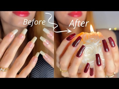ASMR Red Wine Nail Polish on Long Natural Nails | Tapping & Flicking Sounds (No Talking just relax)🍷