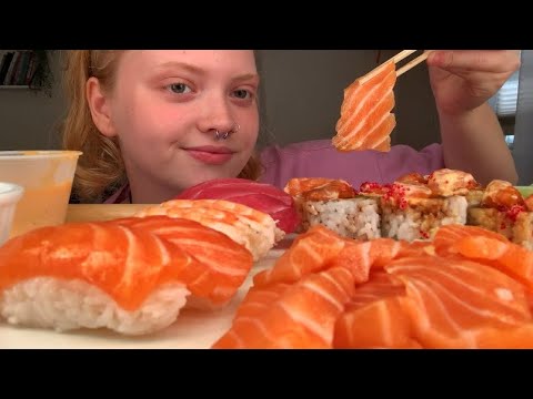 ASMR~SALMON TUNA SHRIMP PLATTER~NIGIRI~SASHIMI (SUSHI EATING SOUNDS)🍣