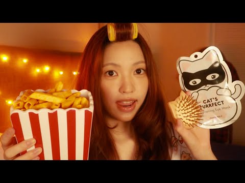 🍿 Cozy Sleepover ASMR (snacks, hair brushing, skincare, books, movies, layered sounds)