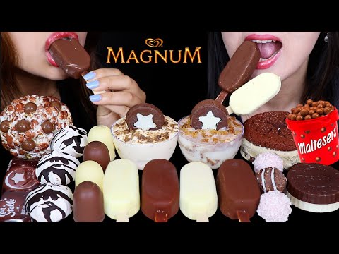 ASMR MILK & WHITE CHOCOLATE MAGNUM ICE CREAM BARS, MINI CHOCOLATE MARSHMALLOWS, MALTESERS BALL 먹방