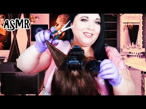 ASMR Hair Salon Roleplay (Haircut, Style, Hot Rollers, Gloves, Plastic Apron, Hair Brushing, Spray)