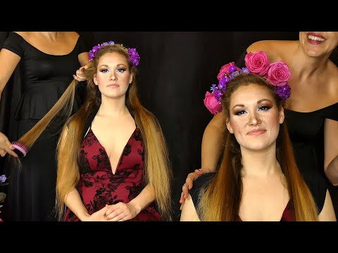 ASMR Hair Brushing, Whispers & Roses for Sleep ♥ Super Long Hair, Flower Crown Up-Do, Hair Play