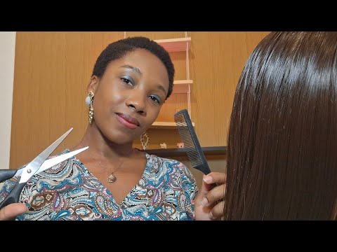 ASMR POV /CABELEIREIRA CONSERTANDO SEU CORTE DE CABELO (Sons de tesoura,pente no cabelo e voz suave)