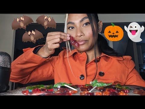ASMR Eating Halloween Haribo Bat Gummies, Chewing Sounds , Caramel Apple Lollipop Sounds