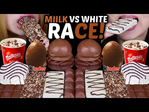 ASMR MILK VS WHITE CHOCOLATE RACE! MALTESERS ICE CREAM, BIG ZEBRA CAKE, KINDER EGG, MARSHMALLOWS 먹방