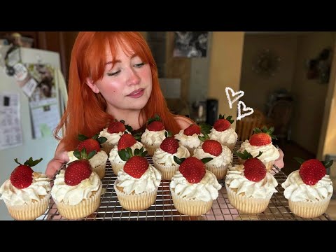 ASMR Baking Strawberry Shortcake Cupcakes 🍓(Close Whispered Voiceover)