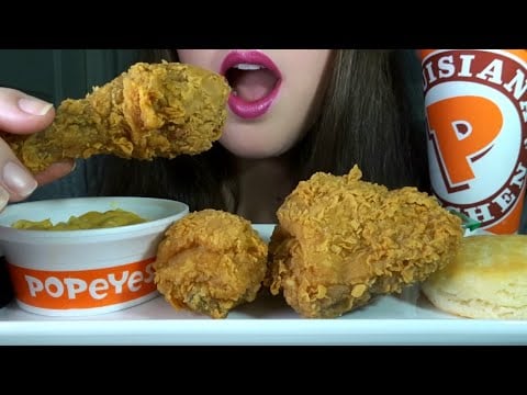ASMR Popeyes Fried Chicken, Mac & Cheese, Biscuit, Coke [Eating Sounds]