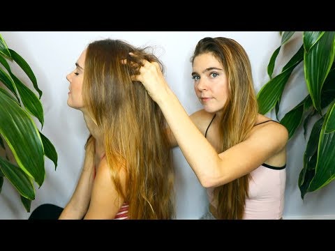 ASMR TWINS Scalp Massage + Brushing Long Hair (whispered)