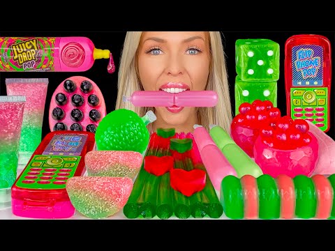 ASMR WATERMELON DESSERTS, SOUR CANDY, LAYERED JELLO, LOLLIPOP, KONNYAKU JELLY HEARTS MUKBANG 먹방