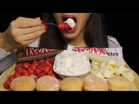 ASMR DONUTS TWIX CHOCOLATE STRAWBERRIES BANANA CREAM PLATTER GOODIES MUKBANG #asmr #mukbang #sweets