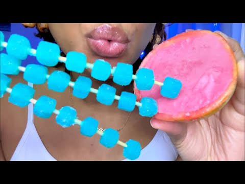 ASMR | Eating Berry Grapefruit Sorbet W/ Sour Blue Cubes 💙