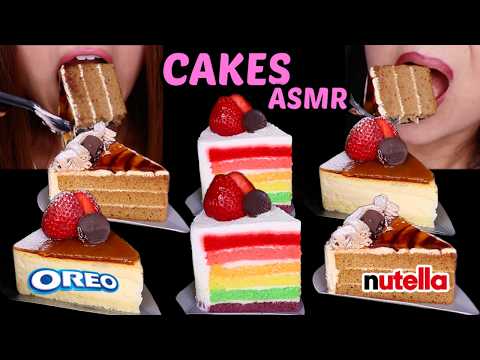 ASMR FANCY CAKES *Nutella Caramel Cake, Rainbow cream cake, Cheesecake* soft sticky eating sounds 먹방