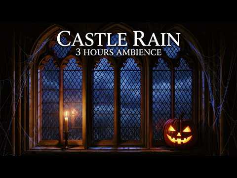 3h Gothic Castle Window🕯️Rainy Night & Thunderstorm | HALLOWEEN Ambience & Music