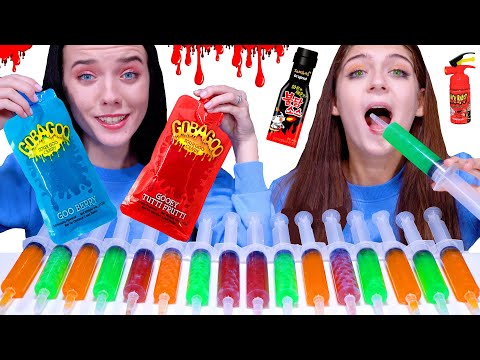 ASMR Rainbow Jello Shooter Race with Popping Boba and Most Popular Food | Eating Sounds