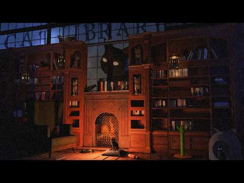 Cat Library ASMR Ambience | fireplace, reading, page-turning, cat purring, meows | No AI