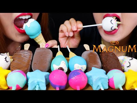 ASMR CAKE POPS (UNICORN CAKE + CHOCOLATE MAGNUM ICE CREAM BARS) 초콜릿 케이크팝 리얼사운드 먹방 | Kim&Liz ASMR