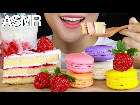 ASMR STRAWBERRY CAKE🍰 MACARONS EATING SOUNDS MUKBANG NO TALKING