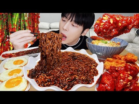 ASMR MUKBANG | 직접 만든 짜파게티 양념 치킨 먹방! 파김치 레시피 & RECIPE FRIED CHICKEN, BLACK BEAN NOODLES EATING
